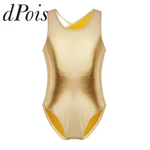 Leotardos de Ballet metálicos brillantes para niñas, mono de gimnasia, Ropa de baile para niños, leotardo de baile sin mangas, disfraces