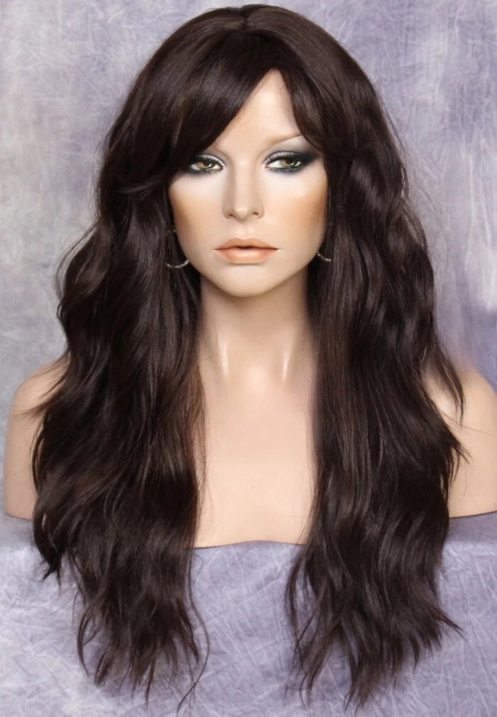 

Long Beach Wavy Dark Brown Hair Blend Full Wig Heat OK Bangs FBW 4