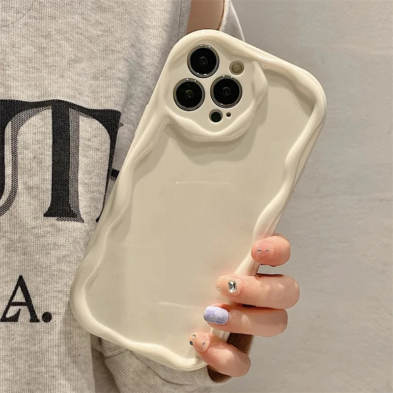 Wave Pattern Solid Color Cream For iPhone 11 12 13 14 15 16 Pro Max Plus Mini Transparent Resistant Couple Clear Shockproof Case image 4
