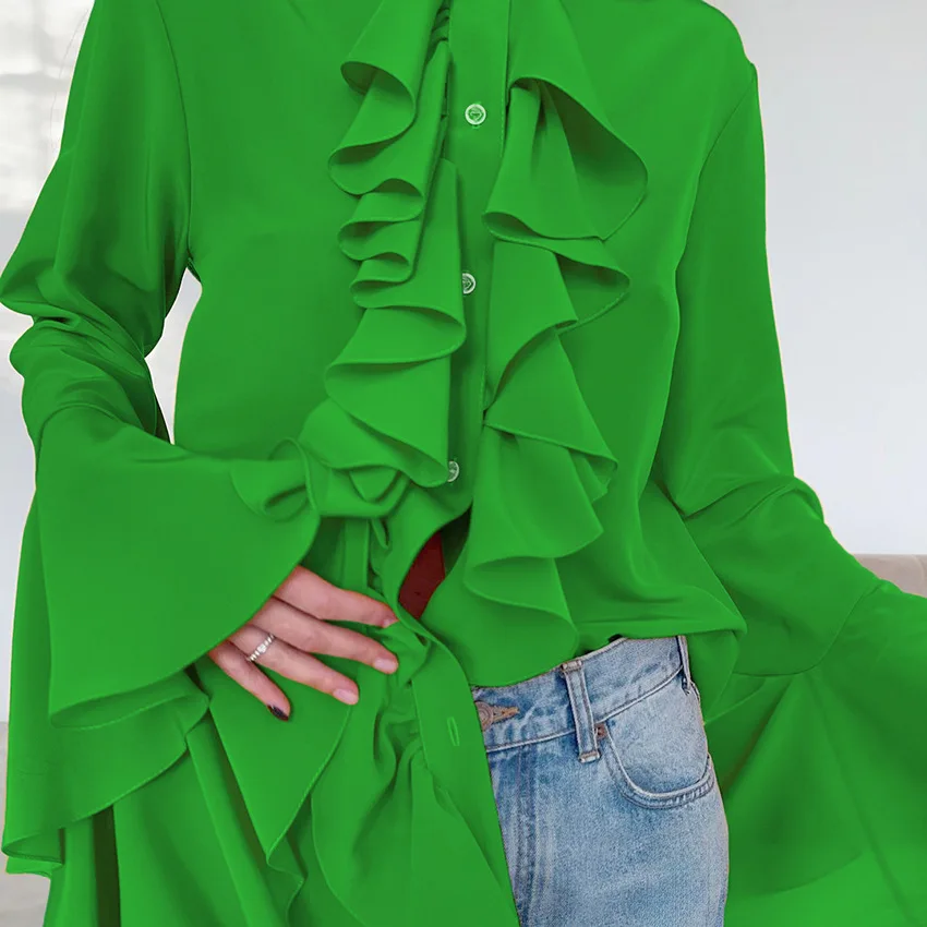 Elegant Women Layered Ruffle Trim Sheer Blouses Casual Loose Fit Solid Button-up V Neck Long Sleeve Shirt Top Streetwear