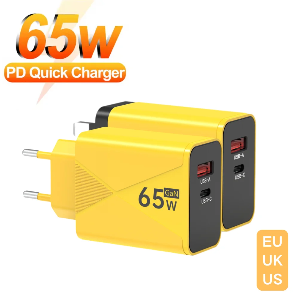 

65W USB Type C Fast Charging Charger High Speed Charge Adapter For Samsung Huawei Xiaomi iPhone 2 In 1 EU/US Plug Wall Charger