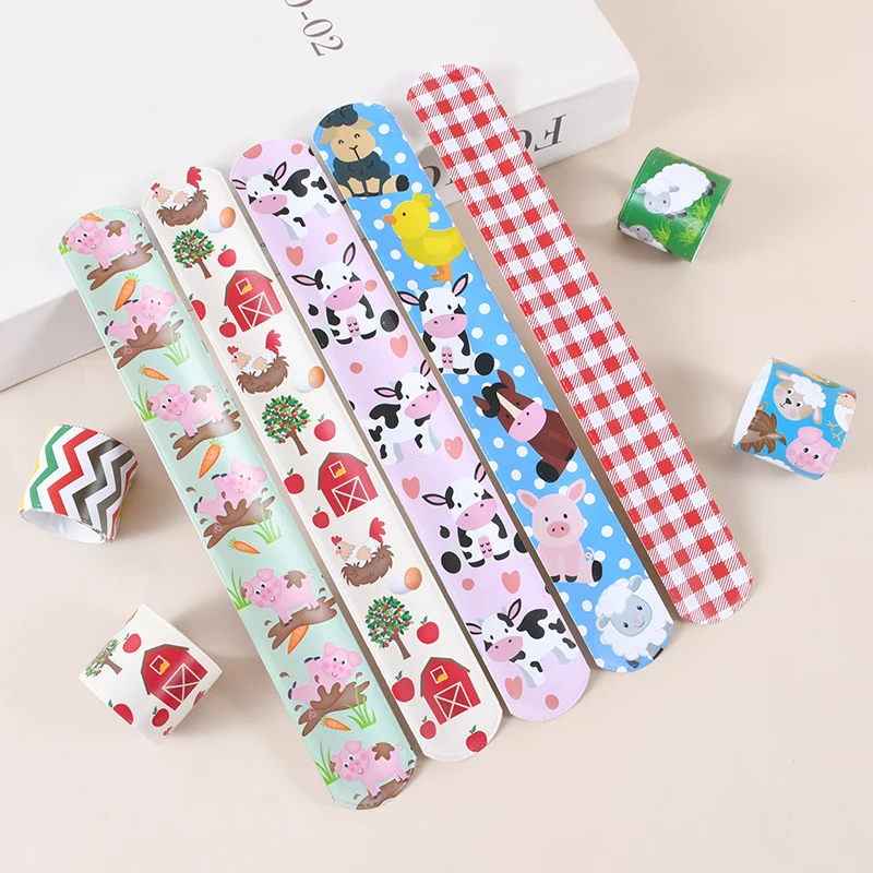 12Pcs Farm Animals Slap Bracelets Cartoon Sheep Chicken Cow Pat Circle Kids Toys Birthday Farm Party Favors Gifts Pinata Fillers