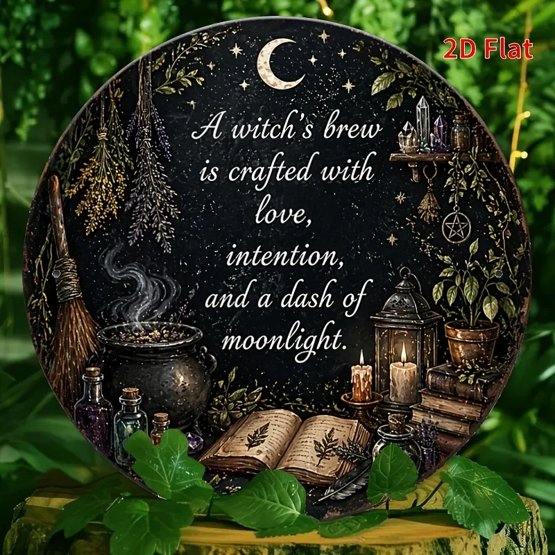 A Witch's Brew Round Sign, Mystical Moon Witch Decor, Vintage Potions Herbs Metal Sign for Halloween, 2D Flat