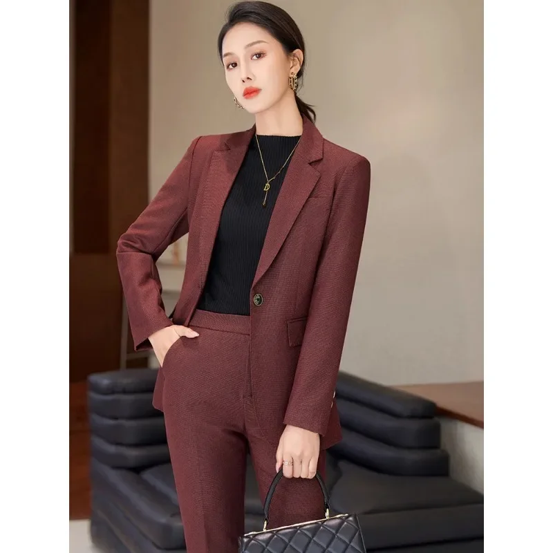 Ensemble blazer et pantalon de bureau pour femmes, veste formelle, surintendant, vêtements de travail d'affaires pour femmes, rouge, café, noir, 2 pièces