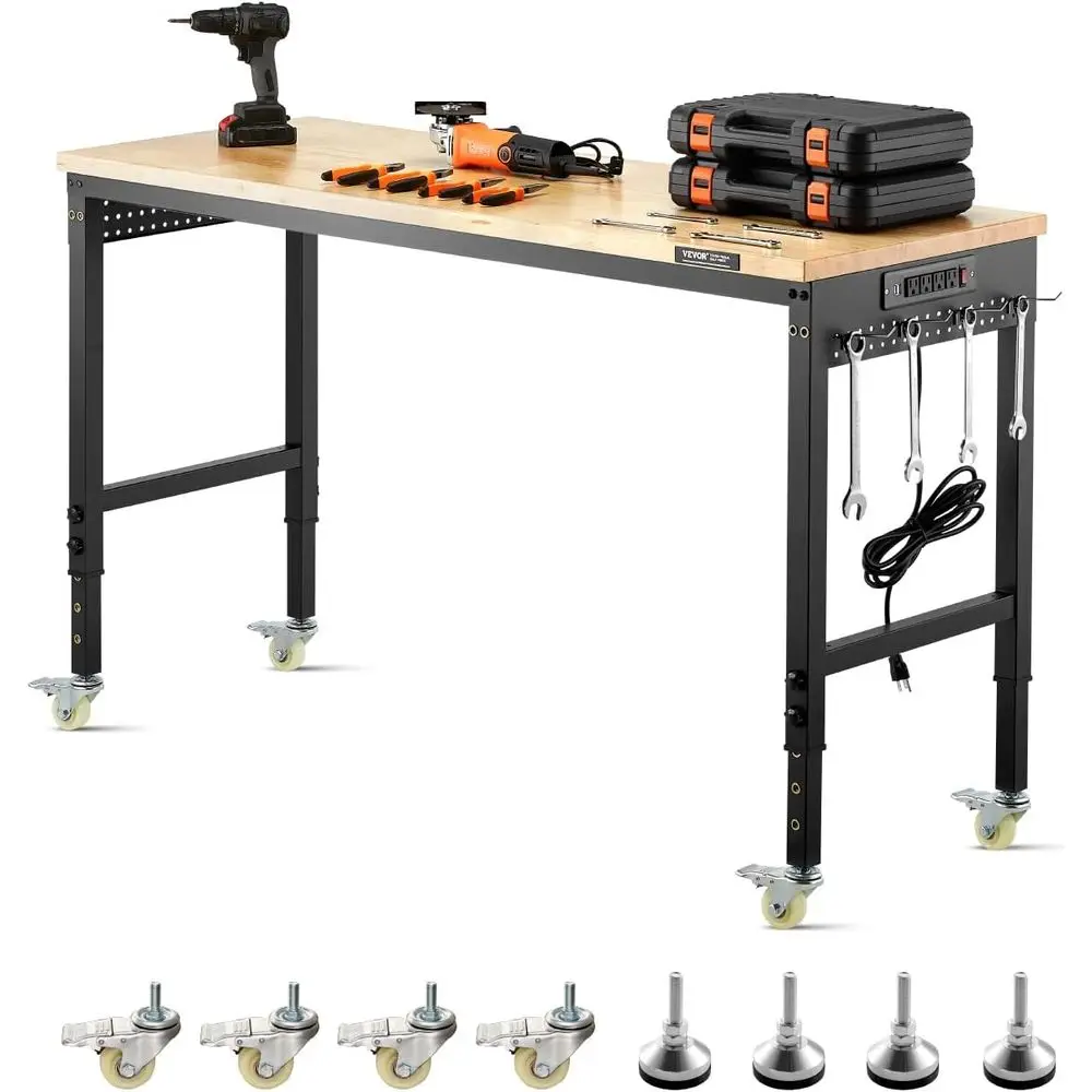 

Adjustable Workbench, 60 Inch Work Bench with Power Outlet, Wheels, and Pegboard, 2000 lbs Load Heavy Duty Oak Wood Top Work Tab