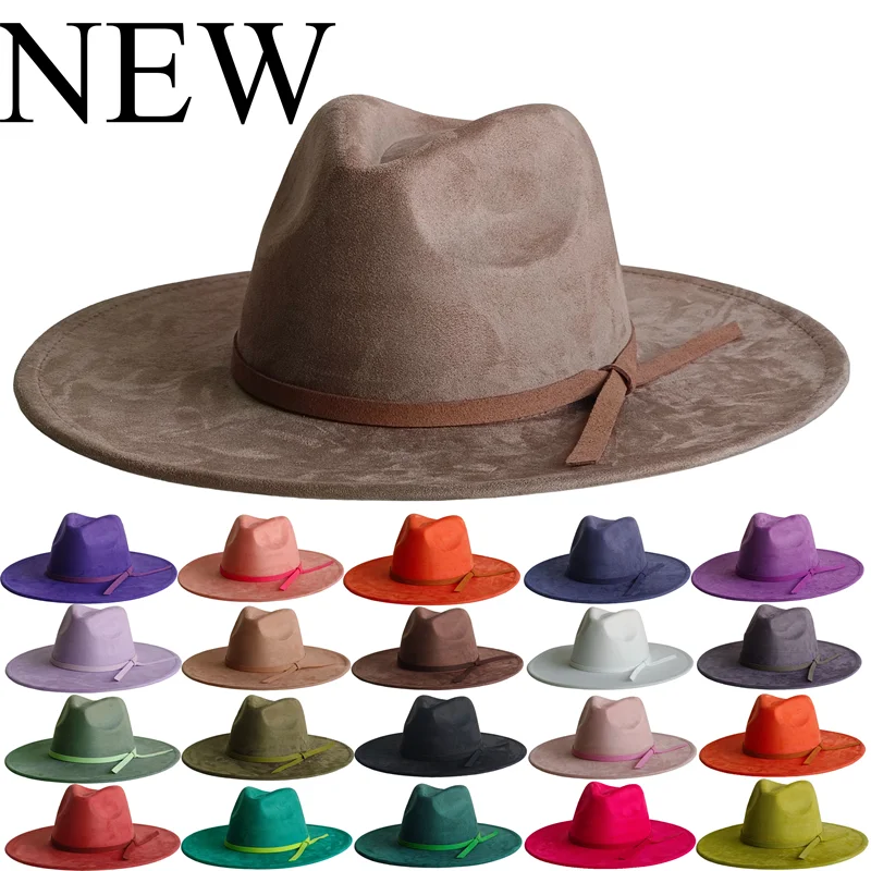 Bow Suede Hat 9.5cm Wide Brim Fedora Hat Men Women Autumn Winter Felt Jazz Hats Classic Church Fedoras Chapeau Sombrero Mujer