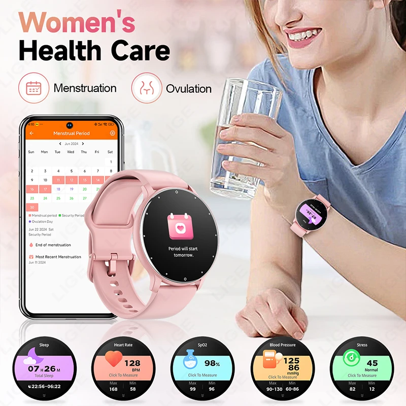 LIGE 2024 Smart watch Ladies Full touch Screen Sports Fitness watch IP67 waterproof Bluetooth For Android iOS Smart watch Female