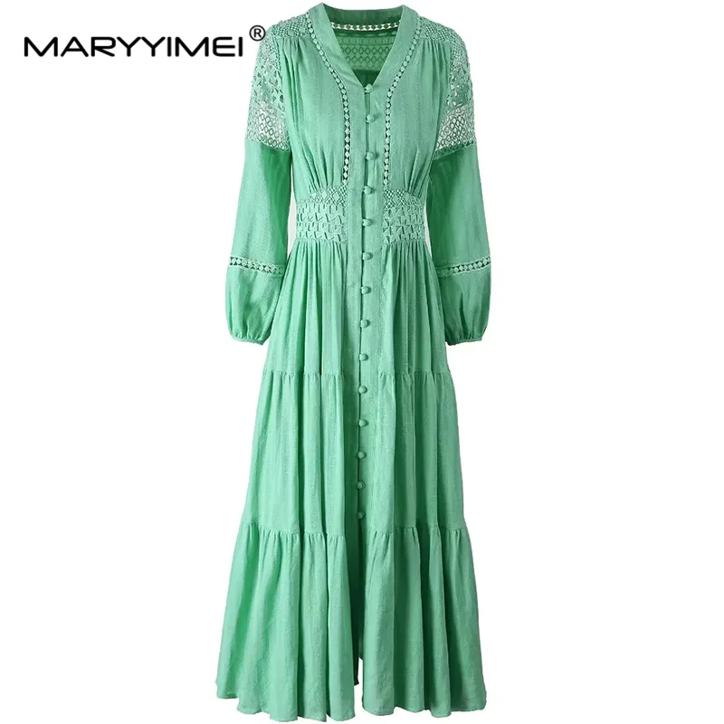 MARYYIMEI Autumn Winter Women\'s Dress Long-Sleeved Hollow Out V-Neck Single-Breasted New Fashion Cotton Big Swing S-3XL Dresses