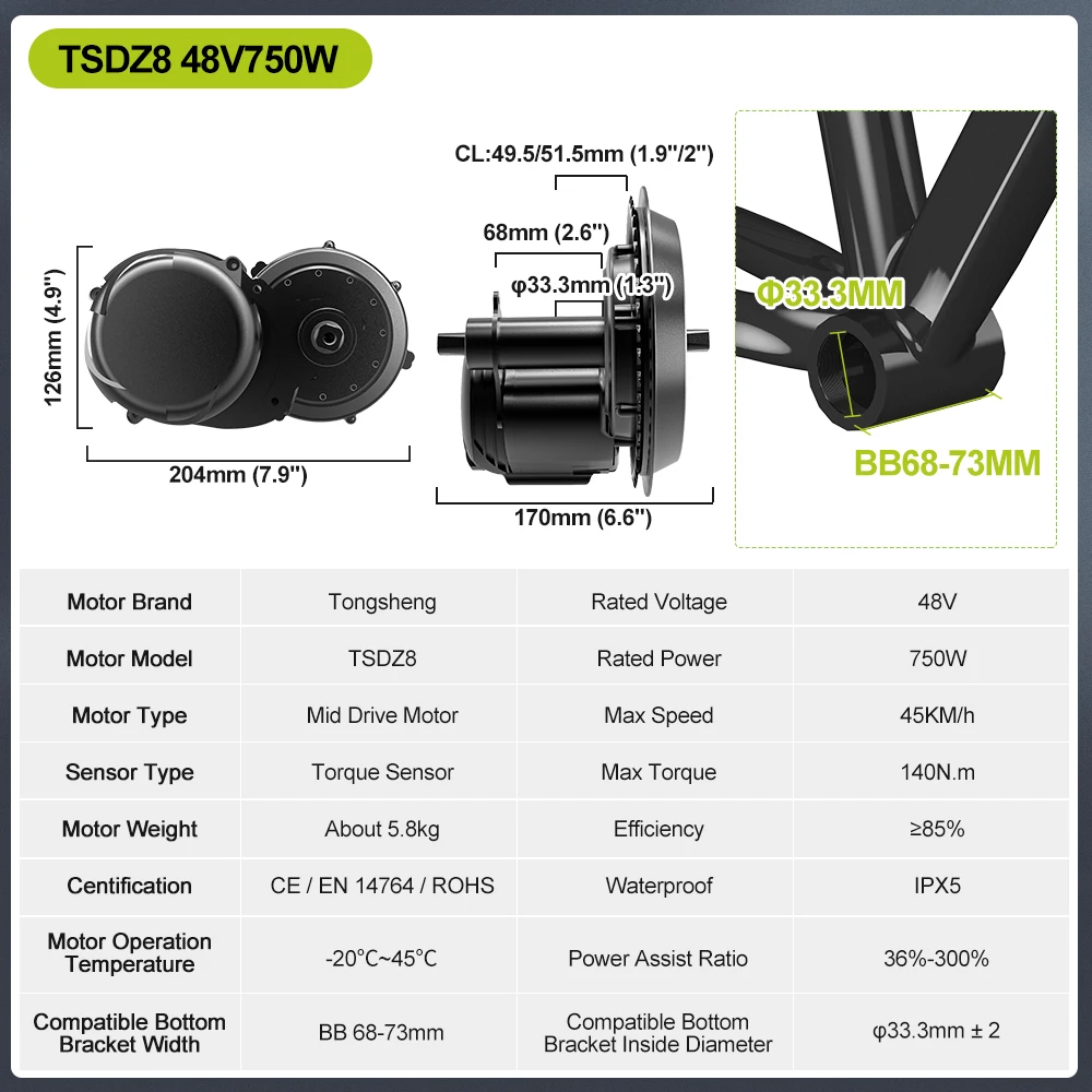Склад ЕС США TONGSHENG Датчик крутящего момента TSDZ2B TSDZ8 36 В 48 В 250 Вт 500 Вт 750 Вт Комплект для переоборудования двигателя со средним приводом для электрического велосипеда