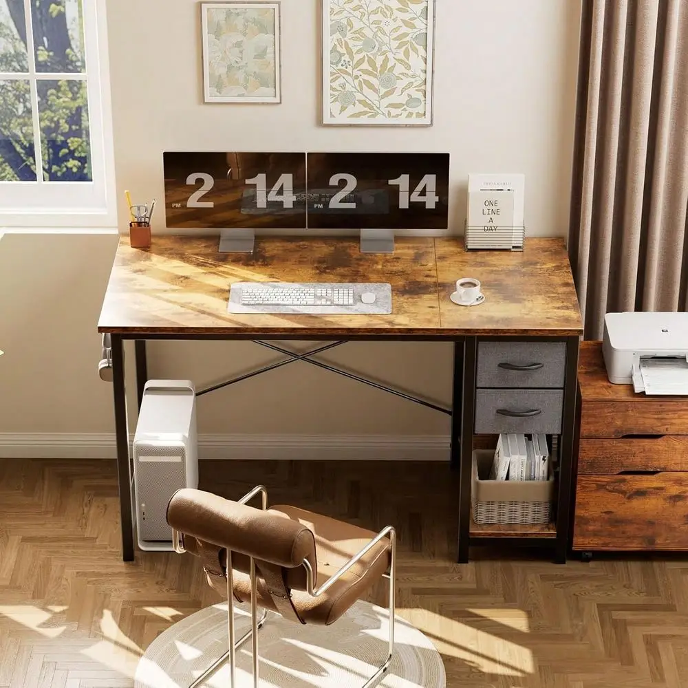 Computer Desk With Drawers, Black Small Office Desk With Side Hook, Modern Simple Storage Writing Desk For Bedroom Home Office