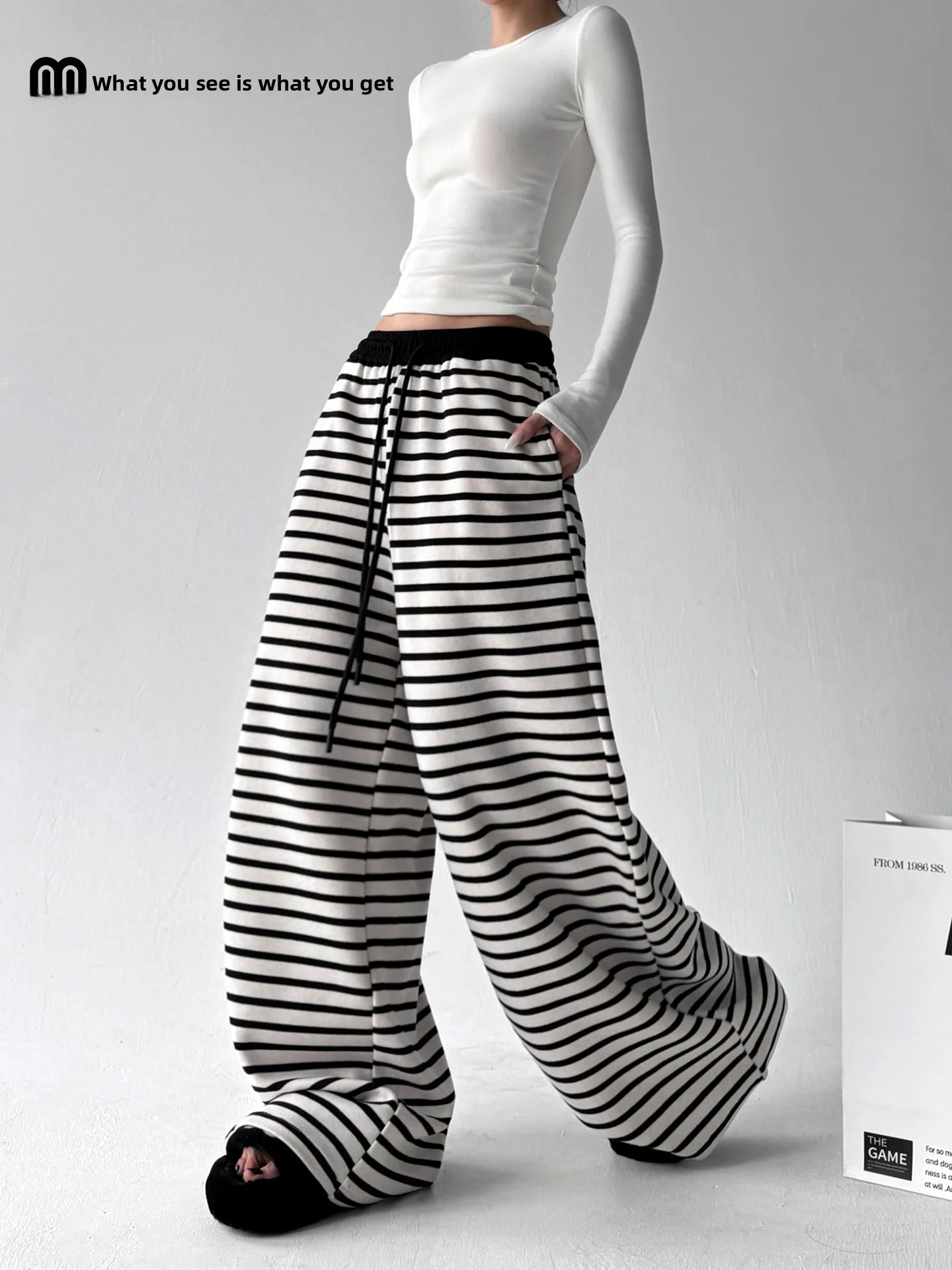 المرأة عادية مخطط بنطال ذو قصة أرجل واسعة عالية الخصر بنطلون الطابق طول ثنى المرقعة الخريف الشتاء جديد Sle فضفاض صالح