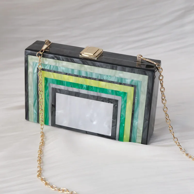 

New Trendy Handbag Fashion Women Bag Green Striped Acrylic Luxury Party Evening Bag Woman Cute Wedding Box Vintage Clutch Purse