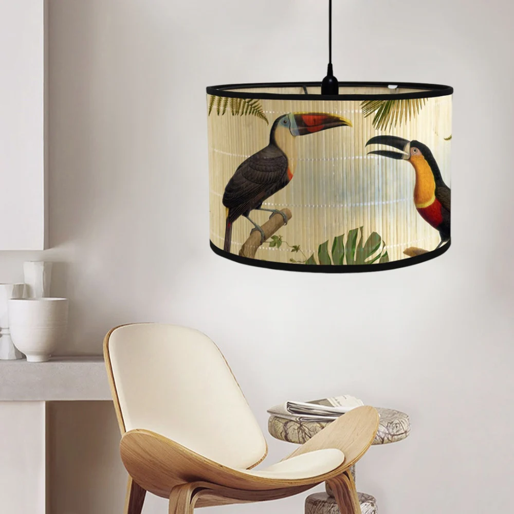 1PC Retro Style Light Cover Chandelier Wall Lamp Shade Birds Printing Lampshade Bamboo Art Chandelier Homestay Decor