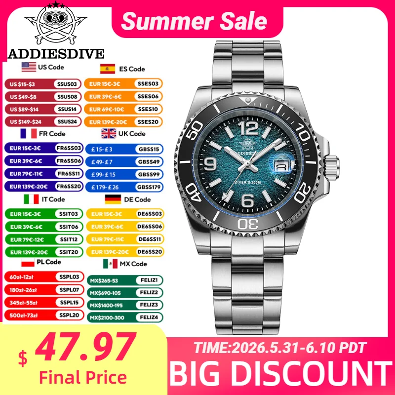 

ADDIESDIVE Watches for Men AD2513 Fashion Blue 41mm AR Coated Quartz Watches Waterproof 20Bar Luminous Diving Watch Reloj Hombre
