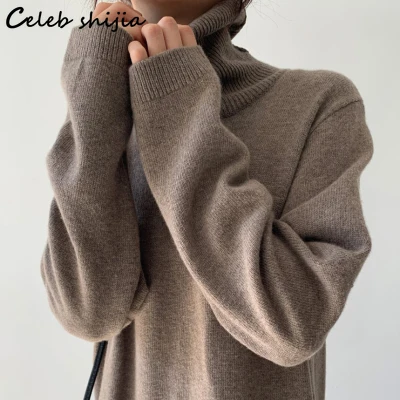 Khaki Woolen Loose Dress Woman Autumn Tall Neck Elegant Knitted Bodycon Dress Female Vintage Long Sweater Winter Clothing