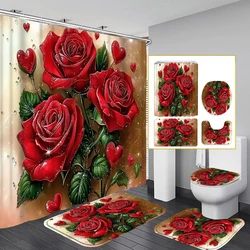 1/4PC plant flowers Cartoon wall shower curtain set,waterproof shower curtain and waterproof non-slip carpet,12free hooks