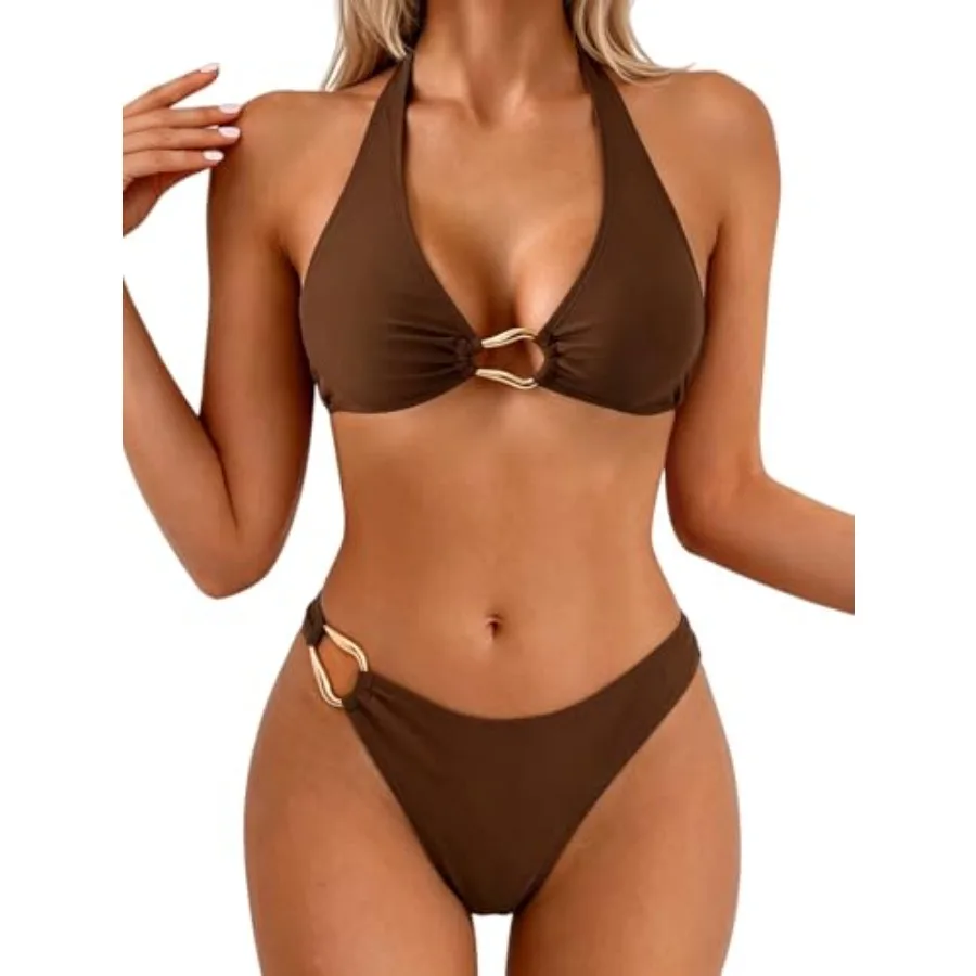 Women's Halter V Neck Bikini Sets Ring Linked Two Pcs Swimsuit Cheeky Swim Bathing Suit 2025