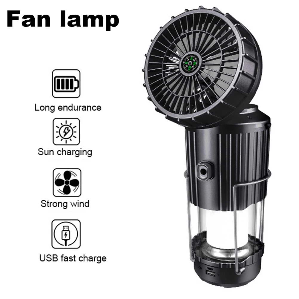 

Camping Fan with Lantern Solar Powered Emergency Hanging Light USB Rechargeable for Camping Tent Hurricanes Power Outages Storm