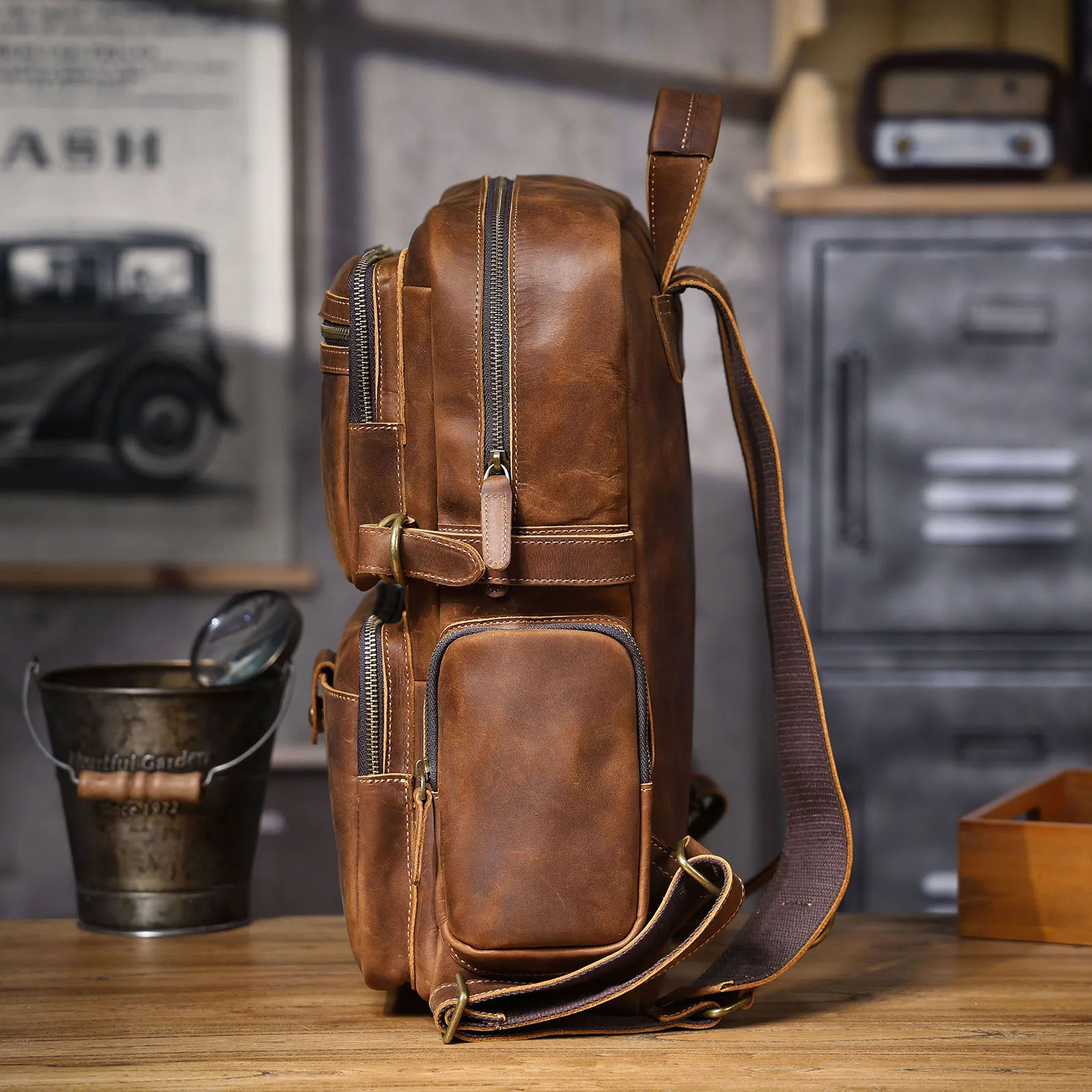 S.WORKER Vintage Echtleder-Rucksack Laptop-Tasche Casual Crazy-Horse-Leder Schultasche Outdoor-Reise-Weekender-Tasche – Detail 21