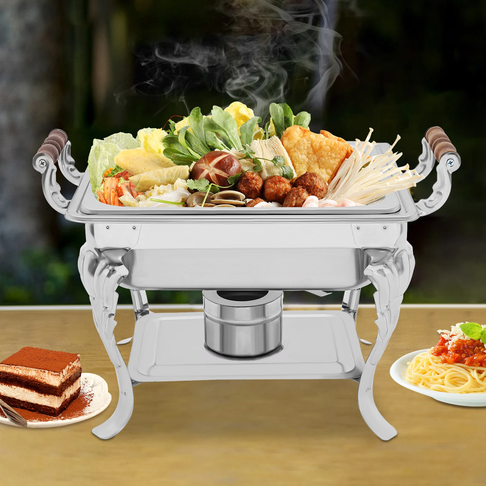 

Серебряная европейская жаровня из нержавеющей стали с крышкой, вместимость 4 л, устойчивое основание, регулируемый огонь, для шведского стола/вечеринки/свадьбы