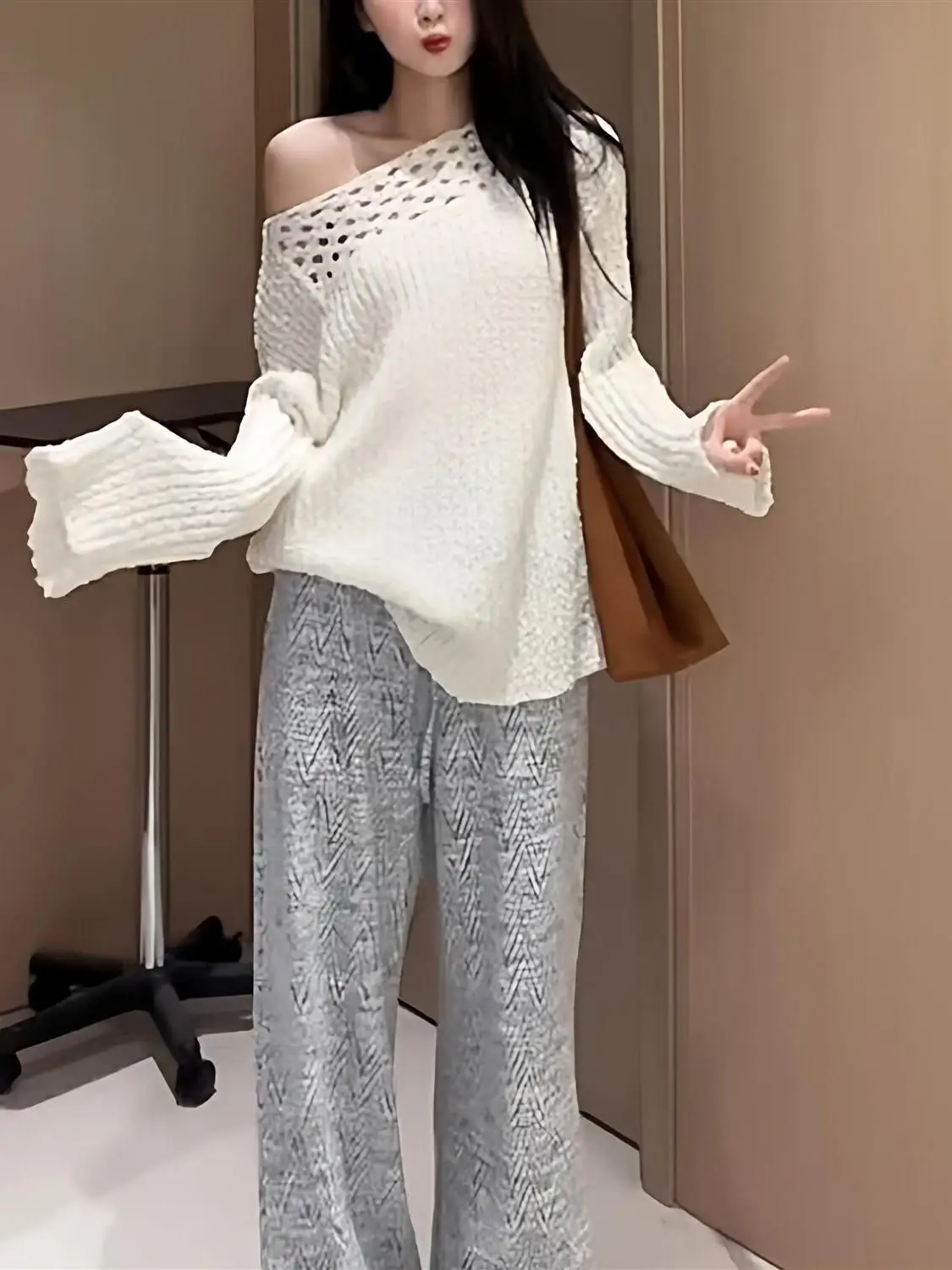 

Loose Knitted Hollow out Women's Top with High Waist Pants Autumn Fashion Set Korean Style Casual Wear Polyester Fiber