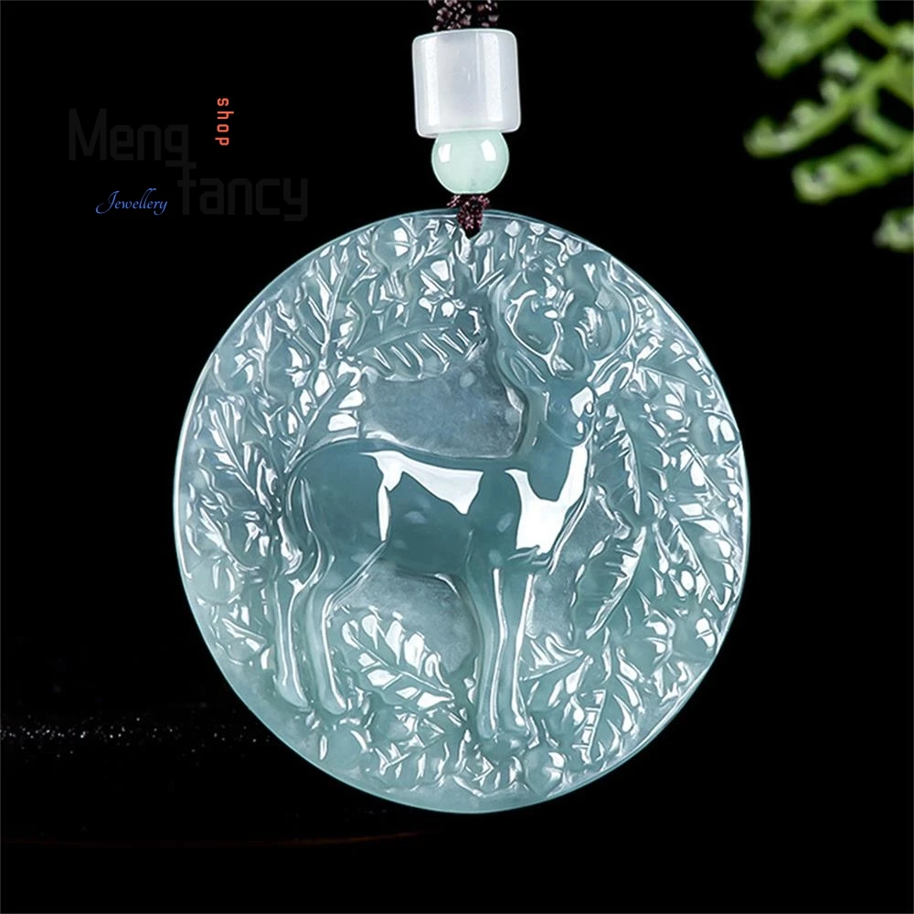 

Natural A-goods Jadeite Blue Water Plum Blossom Deer All The Way To Have You Deer Card Jade Pendant Couple Fashion Fine Jewelry