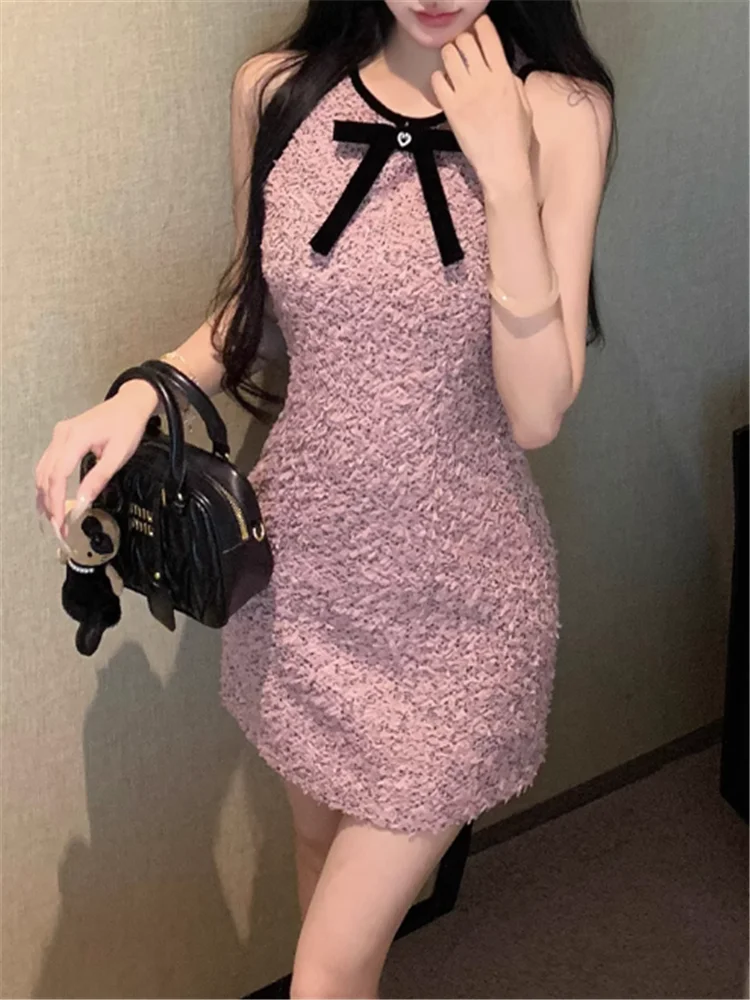 French Celebrity Lady Summer Bow Purple Pencil Tank Dress Elegant Women Sleeveless Bodycon Suspender Straps Mini Party Dress