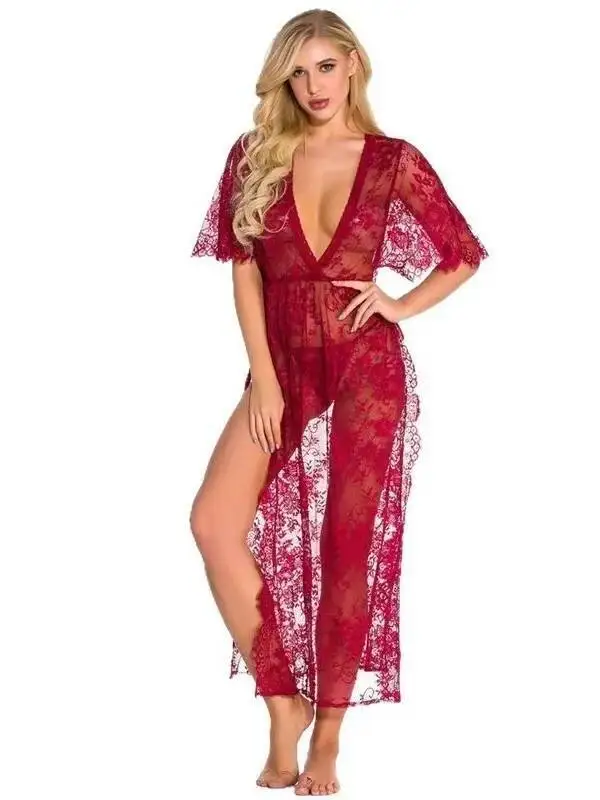 Conjunto de roupas de renda cama paixão longo feminino plus size sexy camisola erótica pequeno peito transparente cor sólida vestido elegante 8qhb