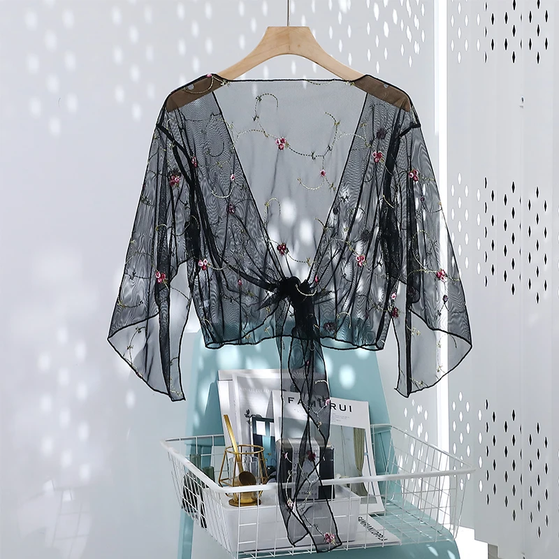 Women Mesh Sheer Cover Ups Shirts Tops Floral Embroidery Long Sleeve See-through Cardigan Blouse Beach Style Shawl Shirts