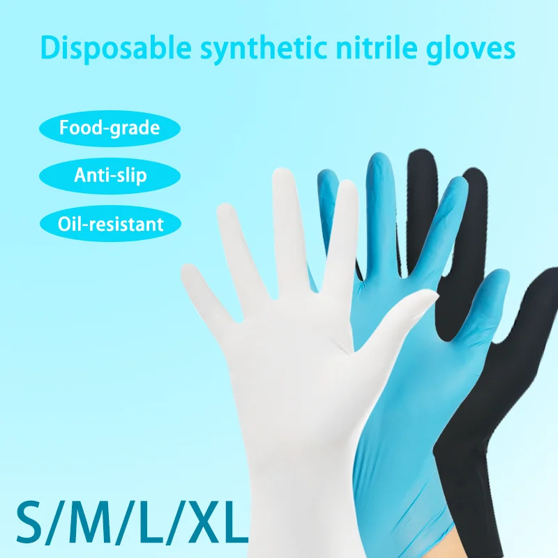Black/White/Blue Disposable Synthetic Nitrile Household Gloves, Oil-Resistant, Non-Slip, Wear-Resistant, Suitable for Cleaning