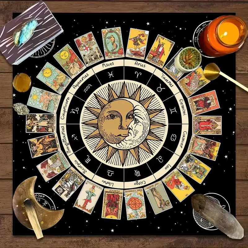 VIKAMA Tarot Tablecloth Sun Moon Zodiac Wheel Tarot Card Print Altar Cloth For Astrology Reading Divination Meditation Decor