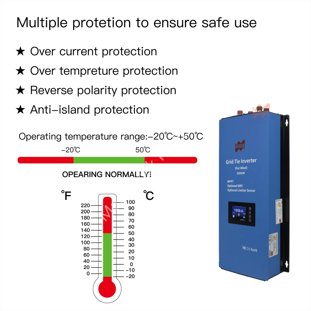 Microinversor conectado a la red de viento MPPT de 2000W y 48V con función de limitación de corriente, WiFi opcional, adecuado para CA 230V 240V