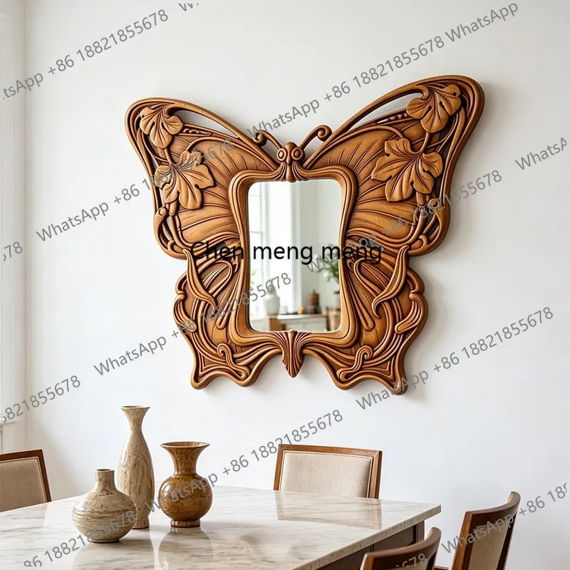 European retro carved butterfly decorative mirror makeup mirror light luxury entrance living room mirror
