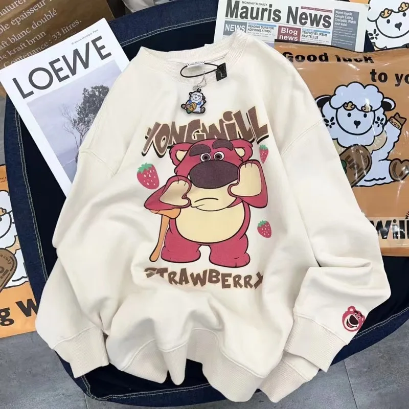 Popular Lots-O\'-Huggin\' Bear Cartoon Round Neck Sweatshirt Spring Kawaii Girl Strawberry Bear Loose Velvet Top Quality Gift