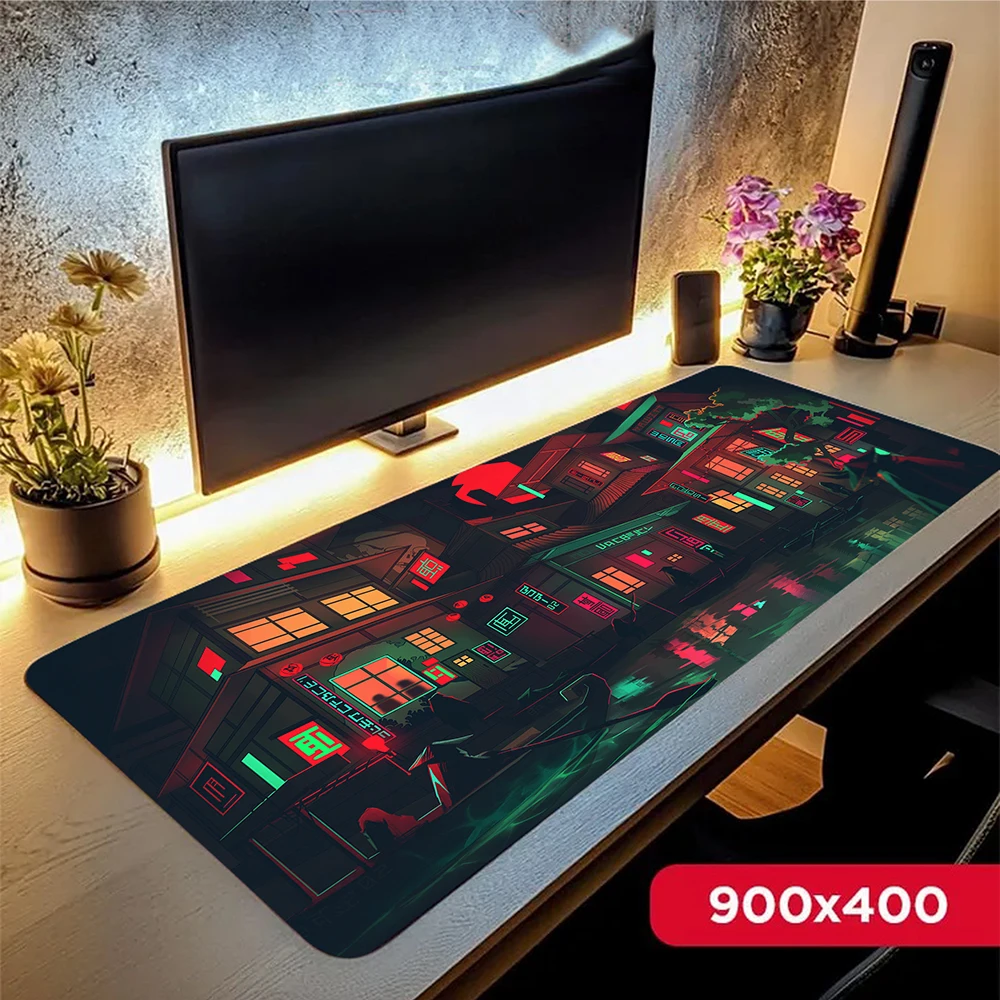 Neon City Mouse Pad Pixel Mousepad Game Mouse Mat Rubber Desk Mat Gaming Speed Accessories Keyboard Pads XXL Office Rug 90x40cm