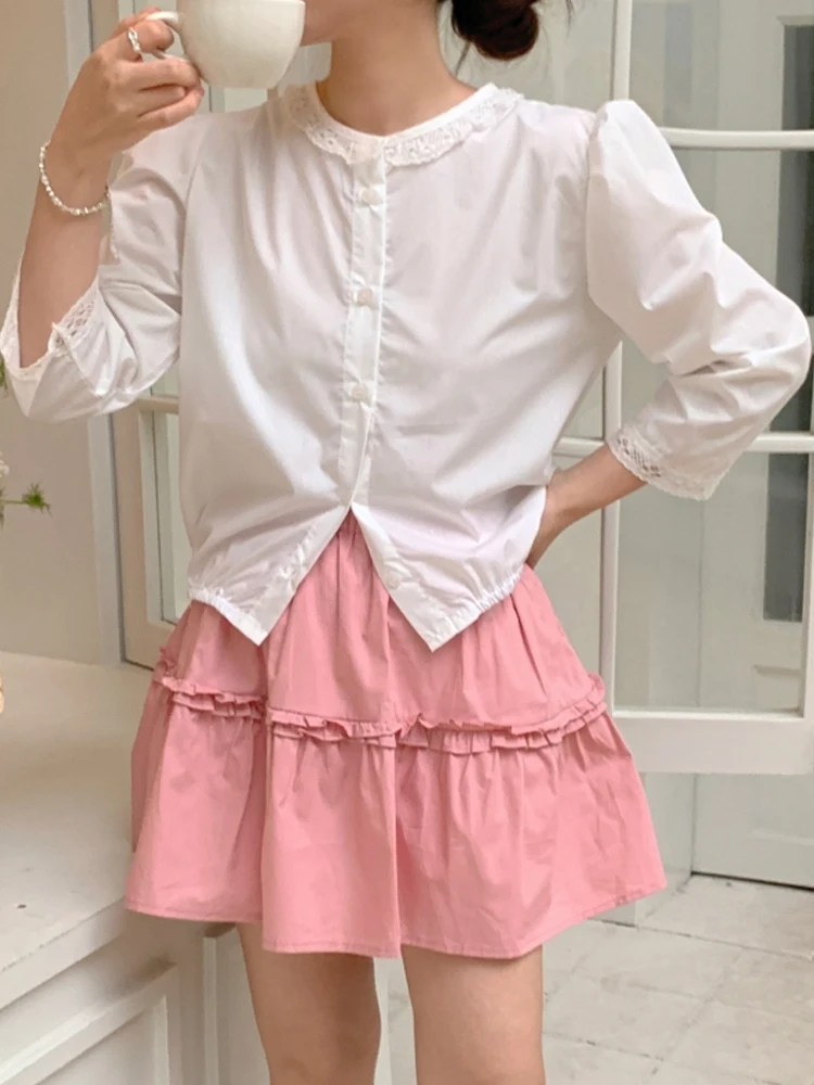 Witte kanten rand irt dames hoge taille A-lijn roze rok Koreaanse Sle Sweet Commute Bubble Sve button-up blouse