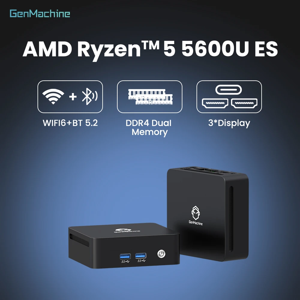 Pc Gamer GenMachine Mini PC AMD Ryzen™ 5 5600U ES 6 Core 12 Thread 2.3GHz Up to 4.2GHz 15W CPU Windows 11 DDR4 3200Mhz WiFi6