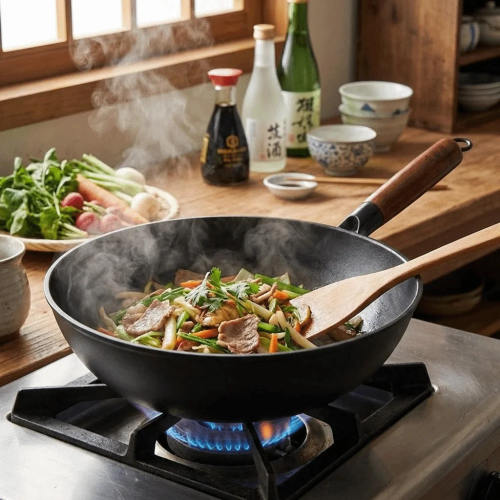 

Hand-forged Cast Iron Wok Pan with Lid Non Stick Titanium Iron Pot General Use Wooden Handle Chinese Wok Gas Induction Cooker