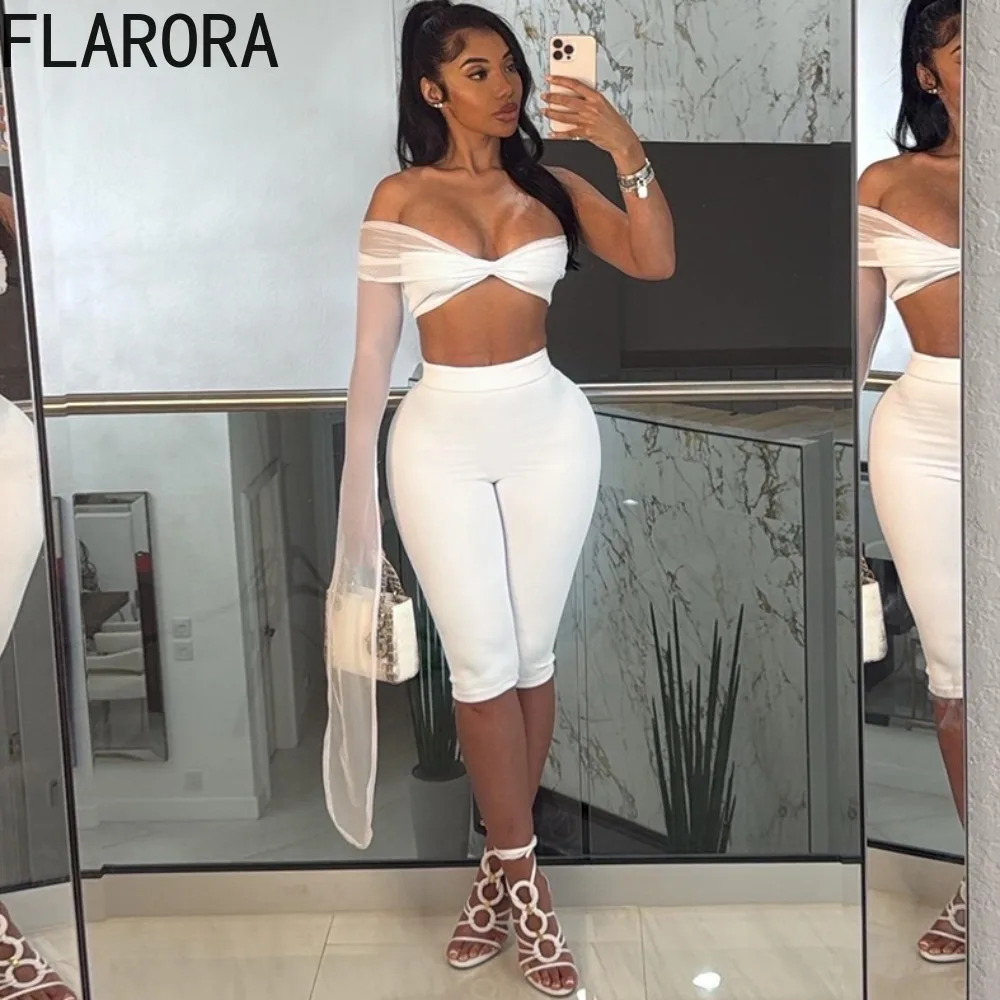 

FLARORA Sexy Mesh Two Piece Sets Woman One-Sleeve Strapless Backless Tops And Skinny Shorts Outfits New Midnight Party Clubwear