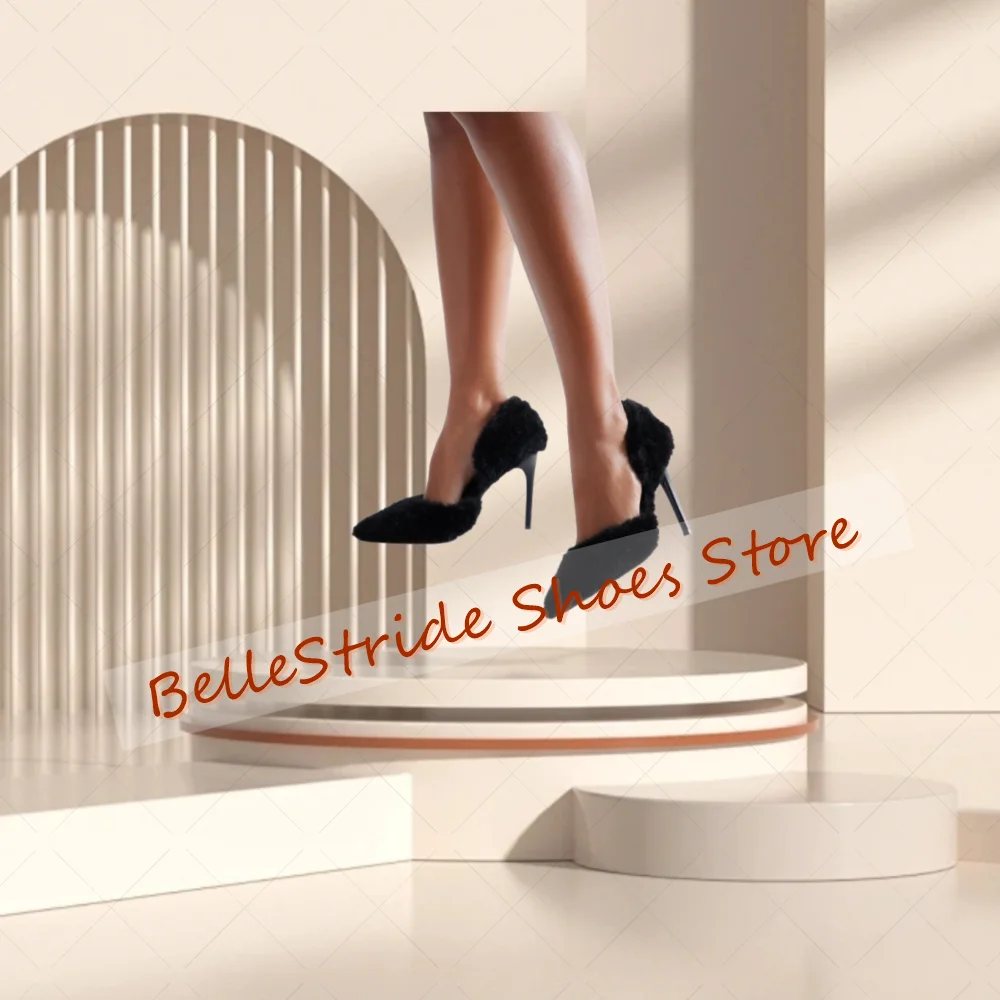 

Black Pointed Toe Fur Decor Shallow Pumps Fashion Women Shoes Stilettos High Heels Party Banquet Dating 2025 Zapatos Para Mujere