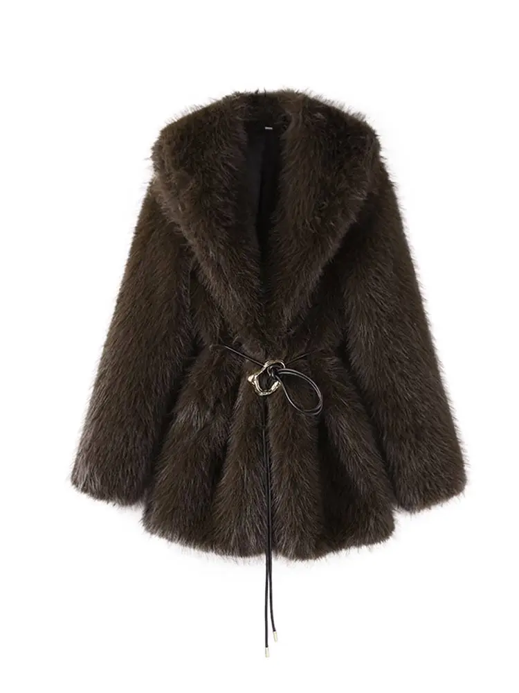 With Belt Fur Coat Fluffy Large Heart Shaped Waist Cinching Deep V Mid Length Overcoat Warm Plush Women Trend Outwear Winter Top