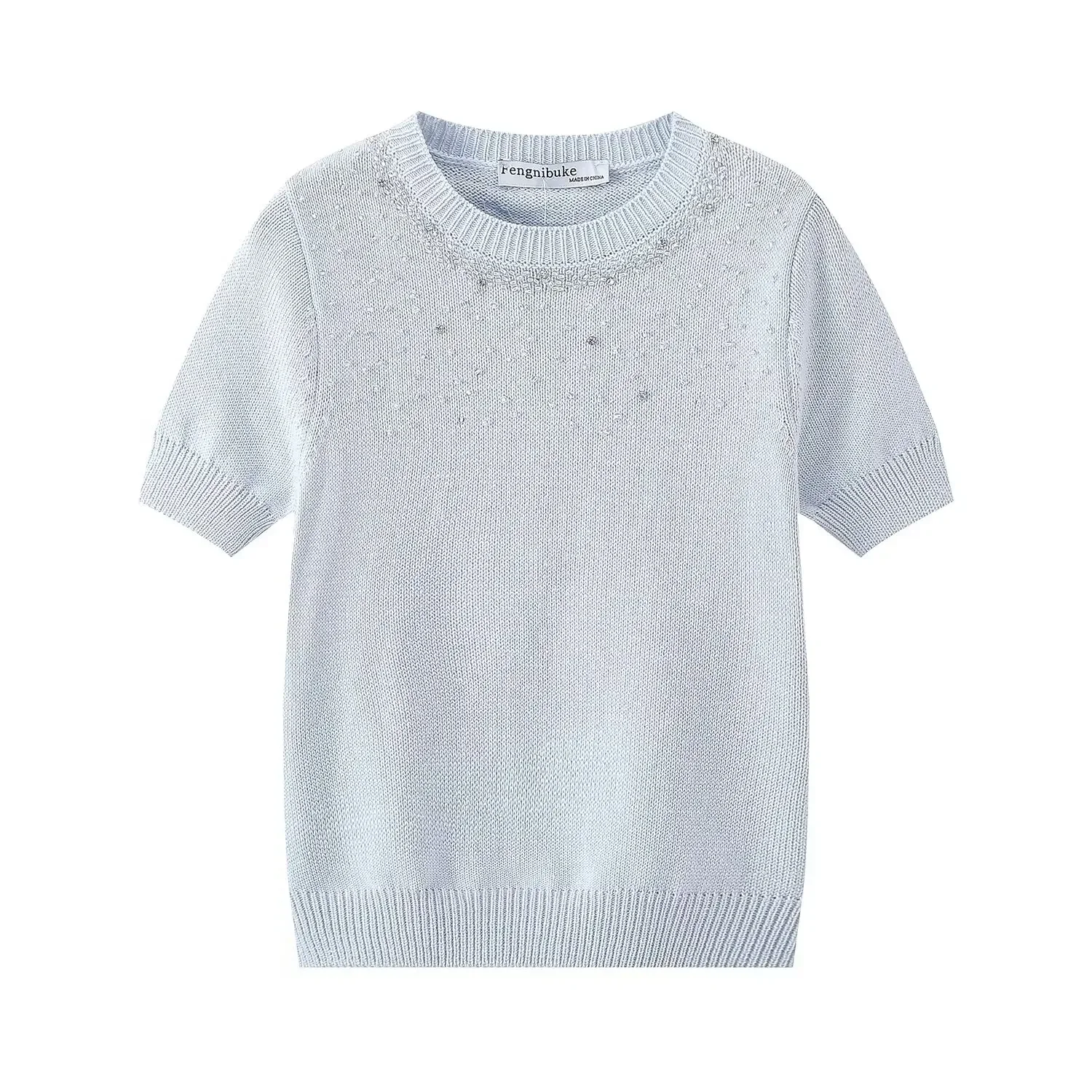 

Women's 2024 new fashion bead decoration slim fit versatile round neck knitted top retro short sleeved women's pullover chic top