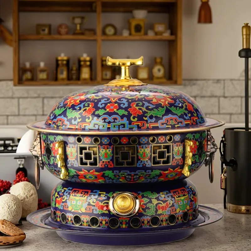 Double Handle Vintage Enamel Hot Pot, Uncoated Healthy Antique Porcelain Style Hot Pot for Home Restaurant Shabu Cooking
