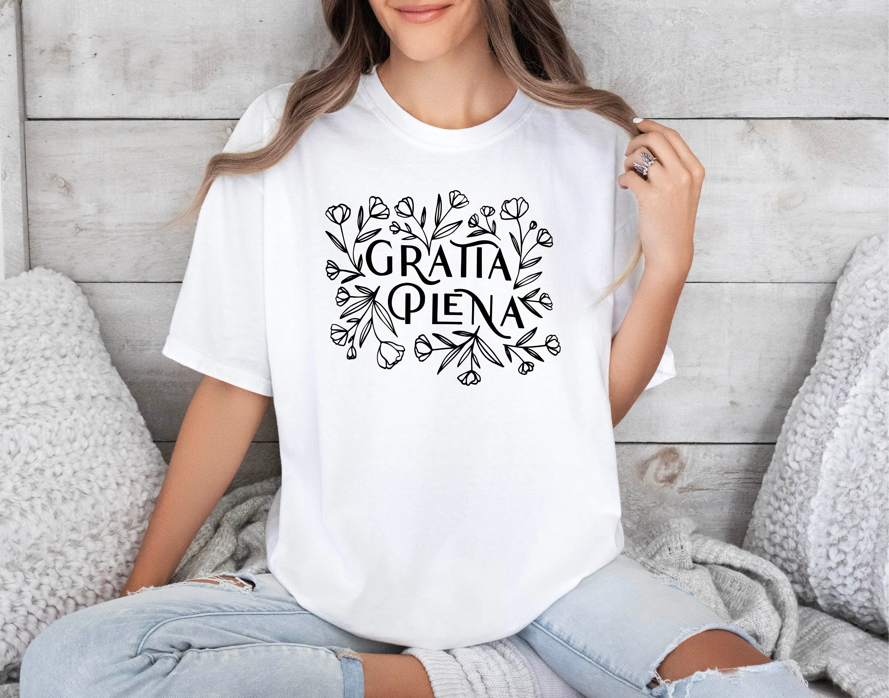 Gratia Plena T Shirt Comfort Colors Full of Grace Floral Hail Mary Catholic Church Women Christian