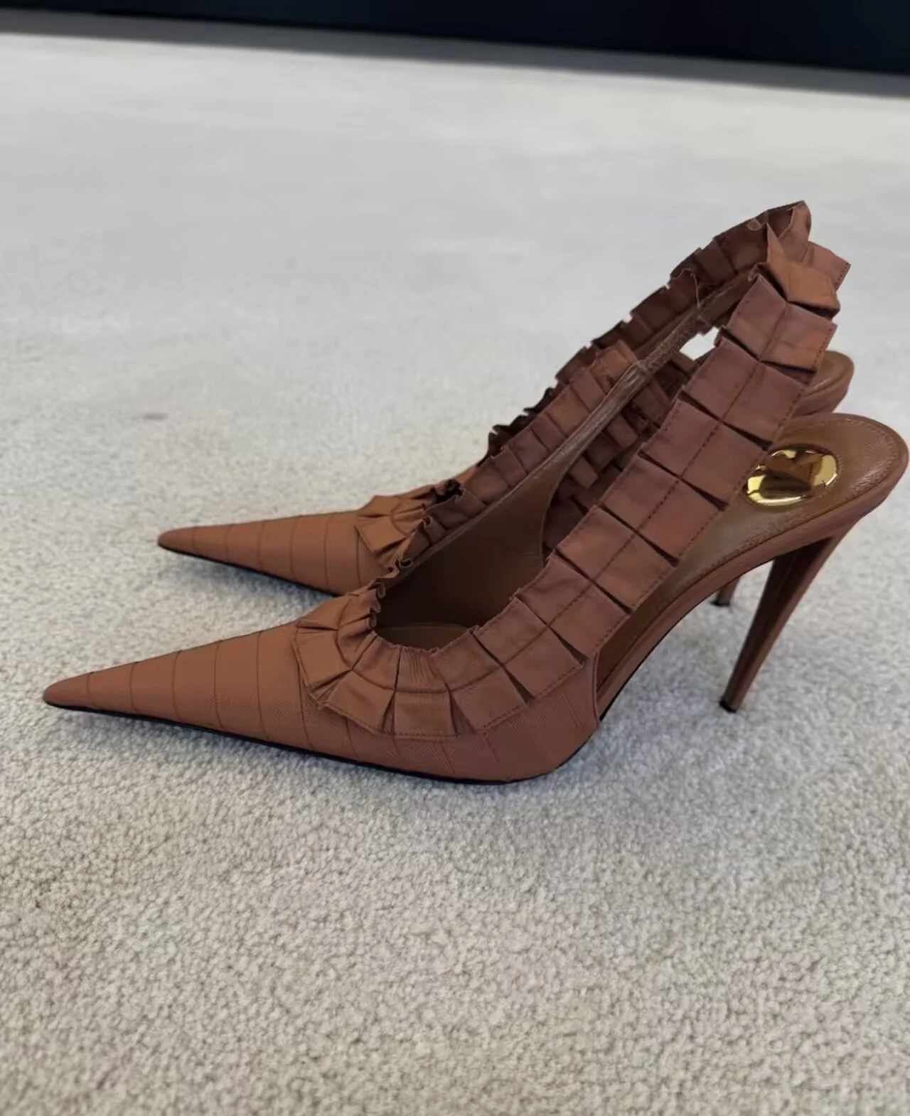 2026 New Satin Ruffle Edge Pointed Toe Summer Women Sandals Stiletto High Heels Slip On Design Large Size Party Shoes