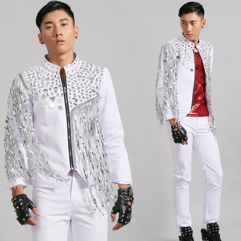 

Bar Vocal concert Jazz dancer performance clothes White Sequins tassels jacket Nightclub Men's singer Rock Punk stage Costume