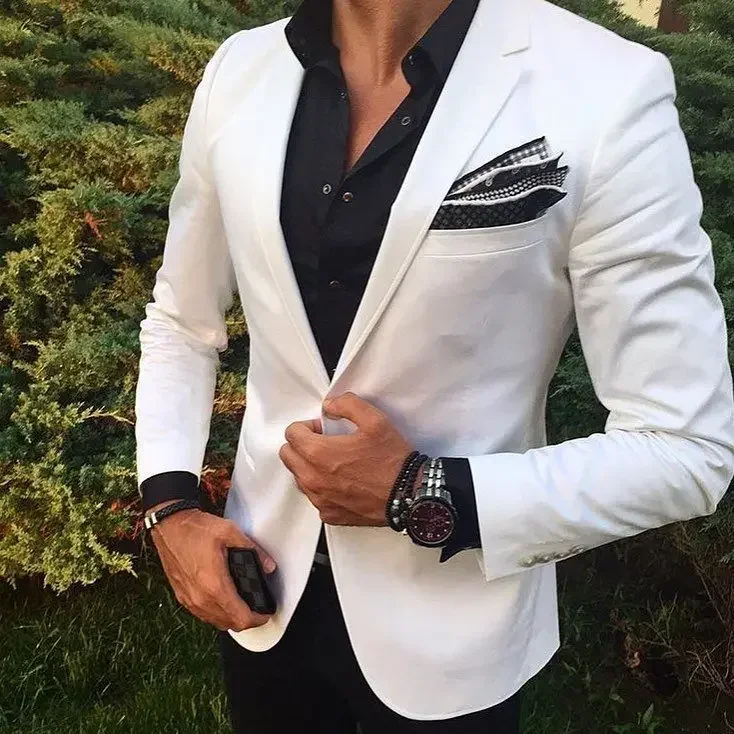 Traje informal blanco para hombre, pantalones negros de alta calidad, esmoquin personalizado de 2 piezas, Blazer de graduación, traje Masculino