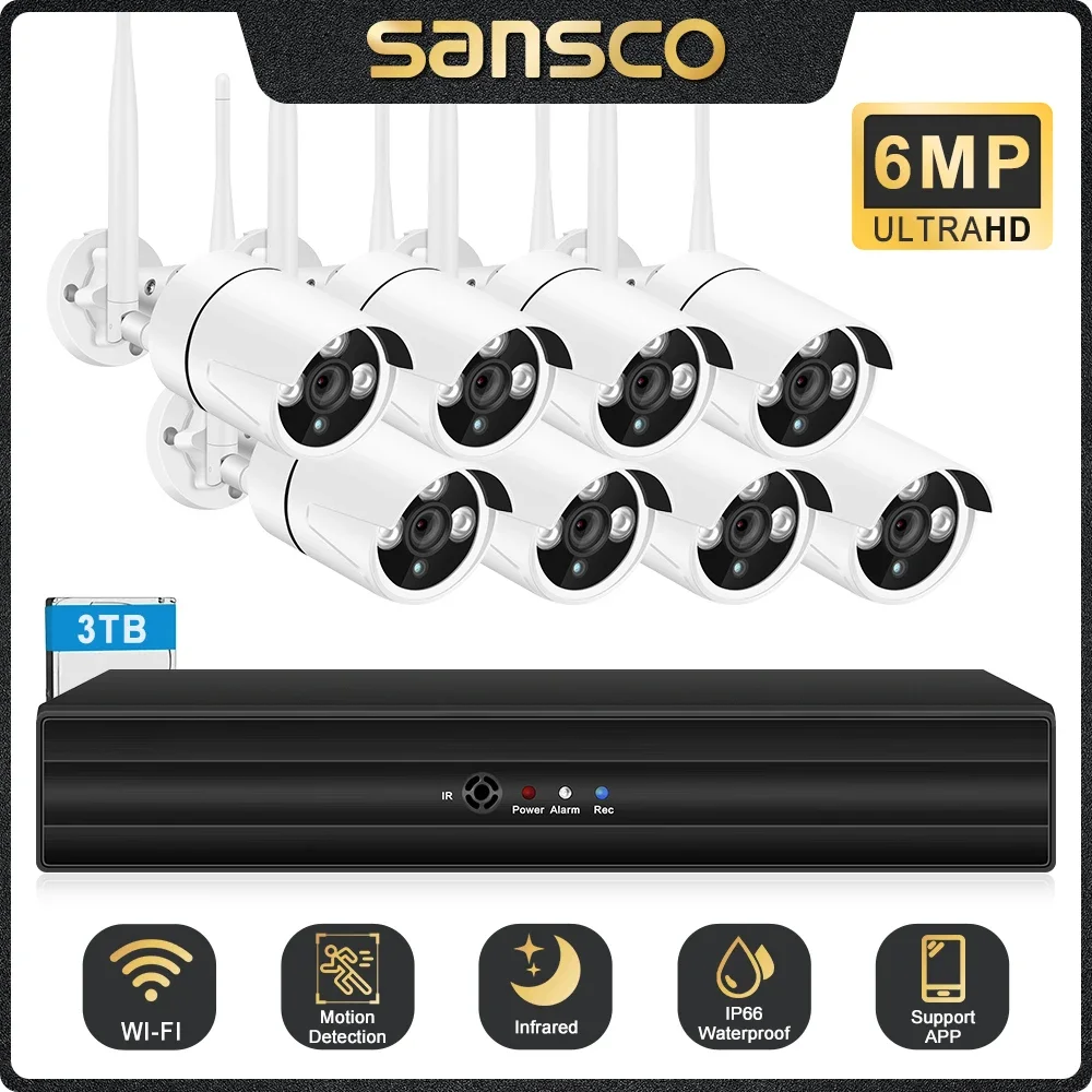 SANSCO H.265 Wireless CCTV System 8CH 6MP NVR 6MP Outdoor Waterproof Wifi IP Security Camera Audio Video Surveillance Kit