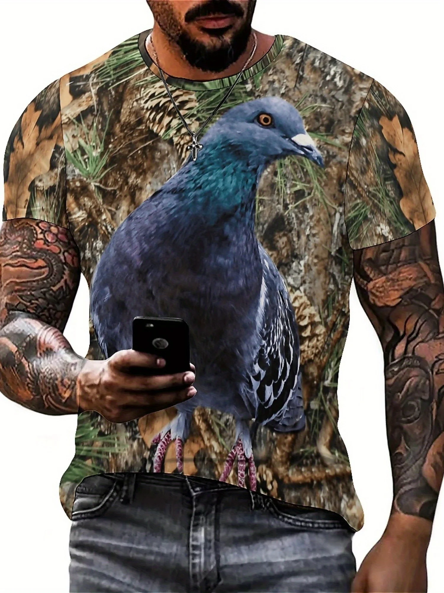 T-shirt da uomo a maniche corte con stampa 3D Camo Pigeon - Poliestere traspirante ad asciugatura rapida per sport all'aria aperta, escursionismo e viaggi