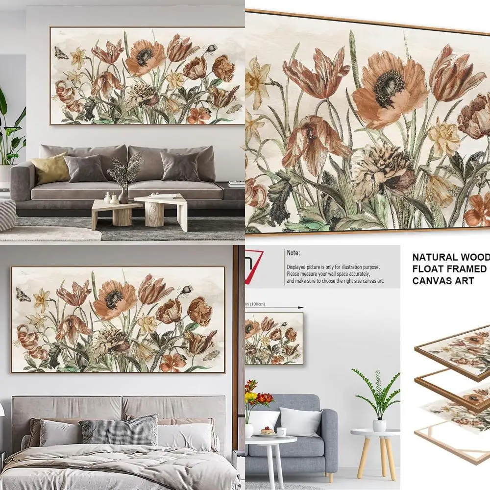 

Elegant Earth-Toned Botanical Wall Art - 40x20 Framed Canvas with Natural Wood for Farmhouse Decor